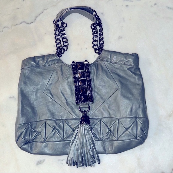 Betsey Johnson Handbags - Betsey Johnson Gray Lamb Leather
Stud Tote NWOT Rare